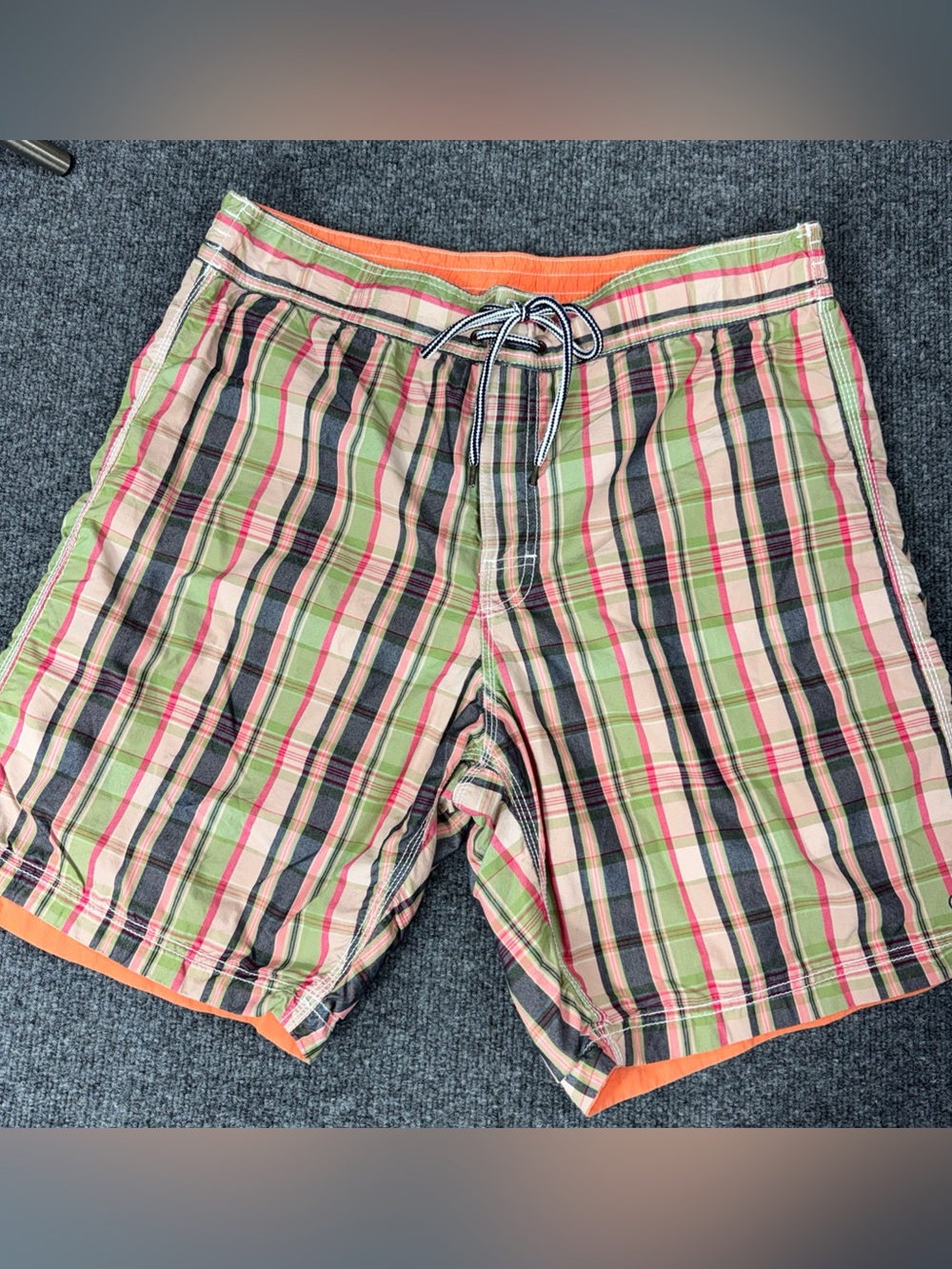 Tailor Vintage Mens Swim Trunks Medium Reversible Orange Green Plaid Drawstring